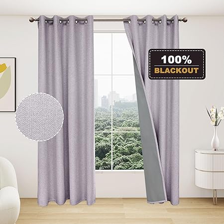 Photo 1 of Textured Linen Curtains 100% Blackout Curtains Soundproof Window Curtain Drapes with 3 Layer Grey Liner Anti-Rust Grommet Curtains for Bedroom Living Room, 2 Panels 52×45 in, Blue Blue 52''W×45''L