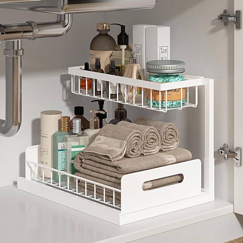 Photo 1 of  Small Under Sink Organizer, Pull Out Cabinet Organizer 2 Tier Slide Out Sink Shelf Cabinet Storage Shelves, Under Sink Storage for Kitchen Bathroom Cabinet, White, 