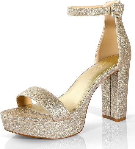Photo 1 of size 10 Ankis Platform Heels for Women 4 Inches Chunky Heels Sandals for Women Comfy Open Toe Block Heeled Sandals Nude White Silver Gold Black Ankle Strappy Heels for Women 10 D-  Glitter