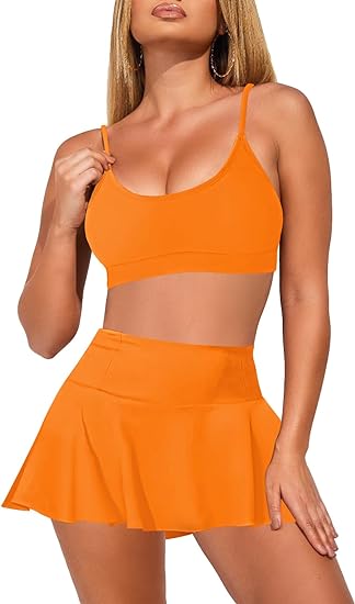 Photo 1 of cl---Pink Queen Women's High Waisted Bikini Set Two Piece Swimsuit Scoop Neck Spaghetti Straps Swim Skirt Bathing Suit
