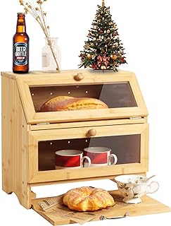 Photo 1 of Bread Box For Kitchen Countertop with Cutting Board, Bread container with Acrylic Door Panel, Natural Bamboo Wooden Double Layer Large Capacity Bread Storage Bin (Natural Bamboo)
