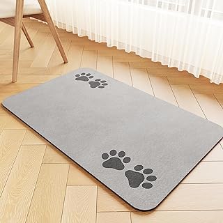 Photo 1 of Pet Feeding Mat-Absorbent Pet Placemat for Food and Water Bowl, Dog Food Mat with Waterproof Rubber Backing, No Stains Quick Dry Water Dispenser Mat for Dog and Cat, Light Gray-12"x20" https://a.co/d/gx8DFnI