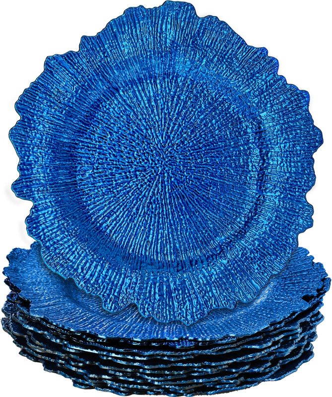 Photo 1 of WUWEOT 12 Pack Blue Charger Plates, 13" Plastic Reef Plate Chargers Bulk, Decorative Serving Plates with Flora Rim for Dinner, Wedding, Table Settings, Elegant Decor Place Setting
