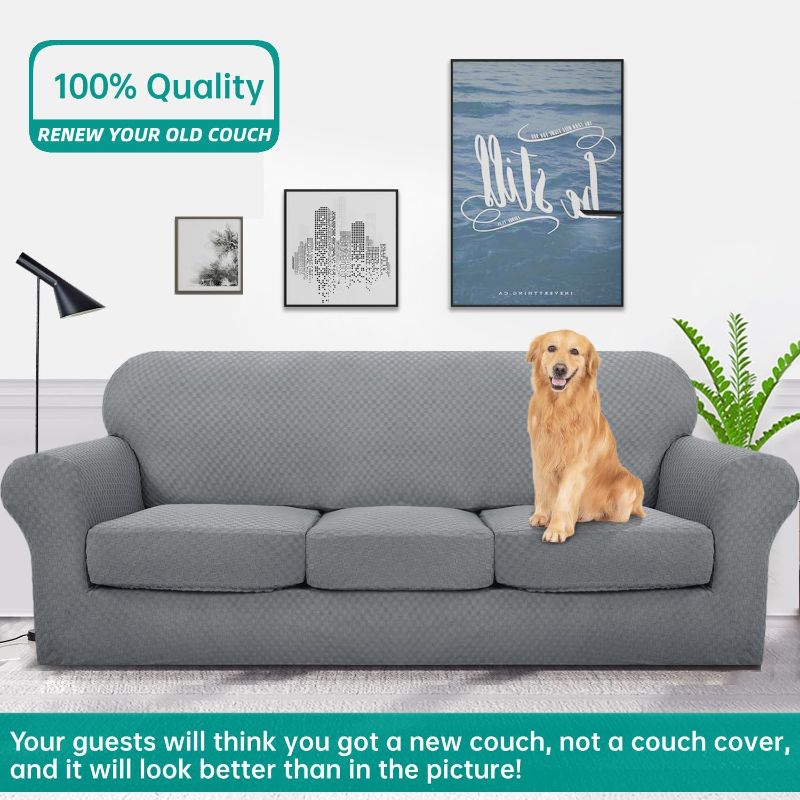 Photo 1 of YEMYHOM Latest Checkered 4 Pieces Couch Covers for 3 Cushion Couch Extra Large High Stretch Thickened Sofa Cover for Dogs Pets Furniture Protector Sofa Slipcovers (Dark Gray), 91"-110"(3 Cushions) 