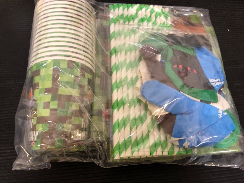 Photo 1 of Mine Craft Birthday Party Supplies Decorations Favors Kit for Girls Boys Kids,Pixel Miner Game Banner Plates Napkins Cups Tablecloth Balloons Straws