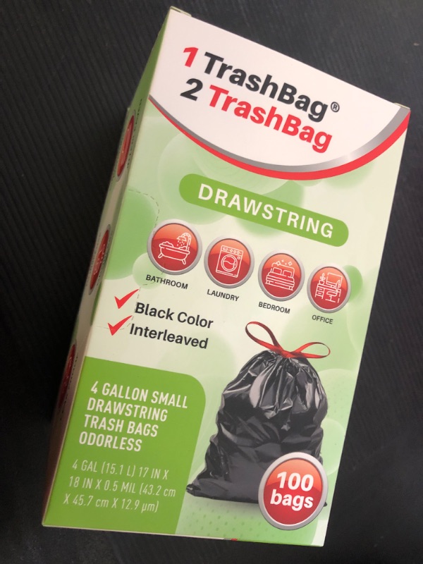 Photo 2 of 4 Gallon Trash Bags Drawstring - 100 Count Pre-Separated Small Black Garbage Bags Unscented for Bathroom, 15 Liter Strong Plastic Wastebasket Liners for Toilet, Home Office and Bedroom