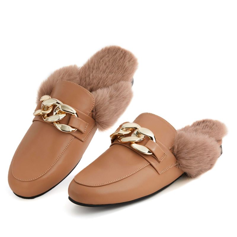 Photo 1 of 7.5 TINSTREE Fur Mules For Women,Backless Loafers Slide Flats Comfortable Warm Slip On Mule Shoes Ladies Moccasins Loafer With Chain 9.5 Brown
