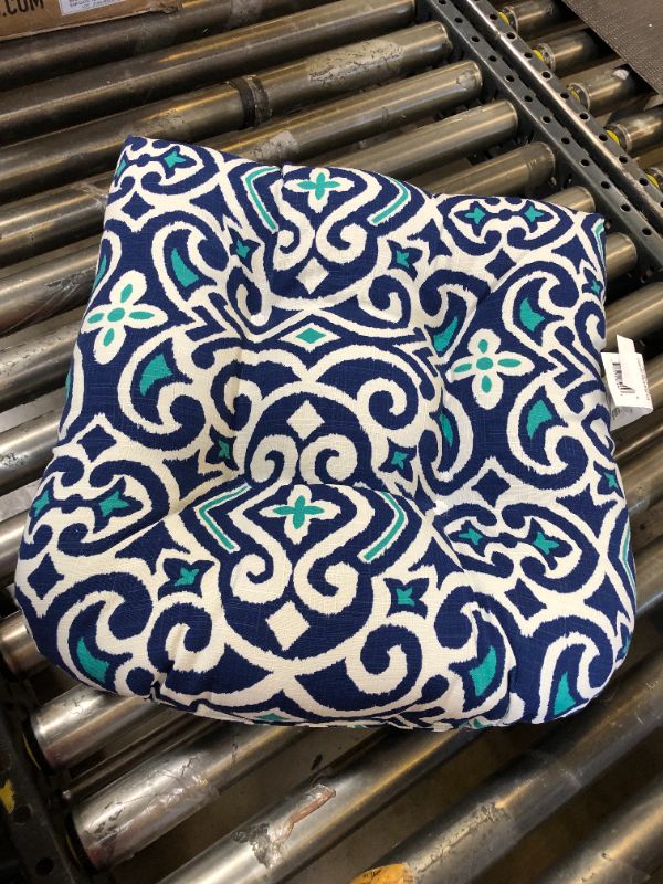 Photo 2 of  Damask Indoor/Outdoor Chair Seat Cushion, Tufted, Weather, and Fade Resistant, 19" x 19", Blue/White New Damask