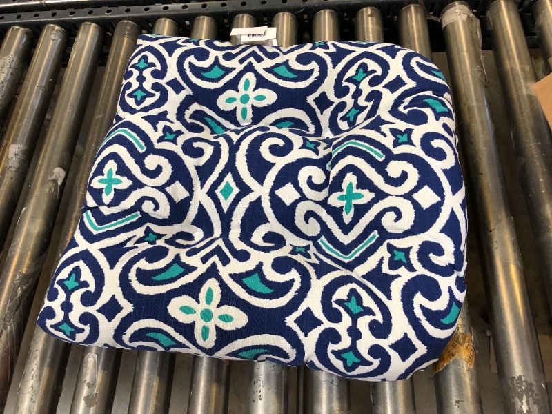 Photo 3 of  Damask Indoor/Outdoor Chair Seat Cushion, Tufted, Weather, and Fade Resistant, 19" x 19", Blue/White New Damask