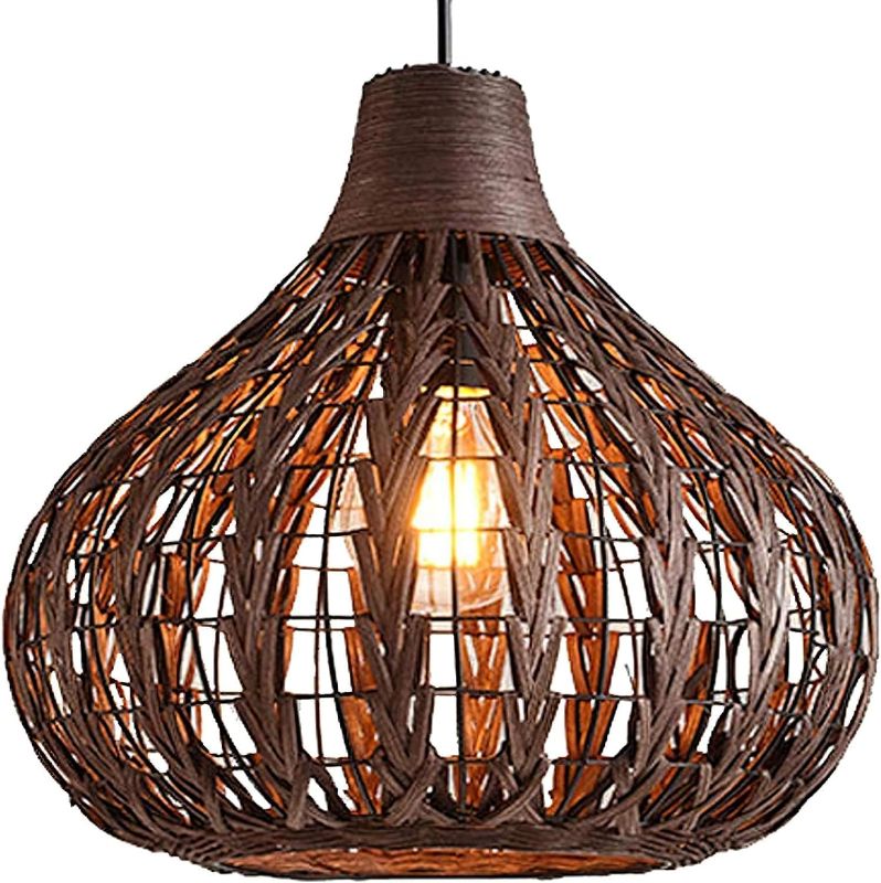 Photo 1 of Bamboo Chandelier Handwoven Rattan Pendant Light Wicker Lamp Shade Ceiling Light Fixture Weave Hanging Light D13.8INCH, 12W 2700K Corn Bulb Included
