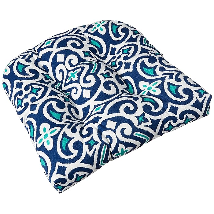 Photo 1 of Pillow Perfect Damask Indoor/Outdoor Chair Seat Cushion, Tufted, Weather, and Fade Resistant, 19" x 19", Blue/White New Damask