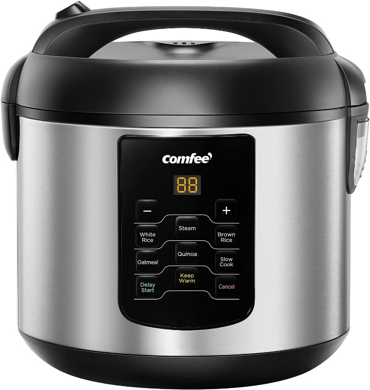 Photo 1 of COMFEE' Compact Rice Cooker, 6-in-1 Stainless Steel Multi Cooker, Slow Cooker, Steamer, Saute, and Warmer, 2 QT, 8 Cups Cooked(4 Cups Uncooked), Brown Rice, Quinoa and Oatmeal, 6 One-Touch Programs
