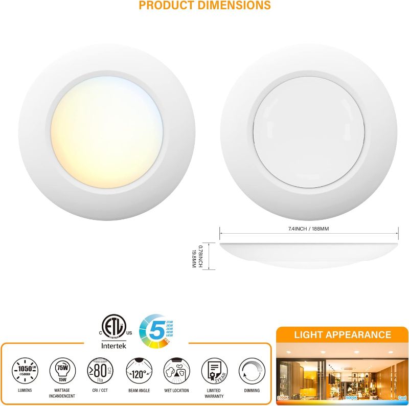 Photo 1 of  6 Inch 5CCT Field Selectable LED Low Profile Recessed & Surface Mount Disk Light, Round, 15W, 920 Lumens, CRI80, 27K-30K-35K-40K-50K, Driverless, Dimmable, ETL & Wet Rated, White