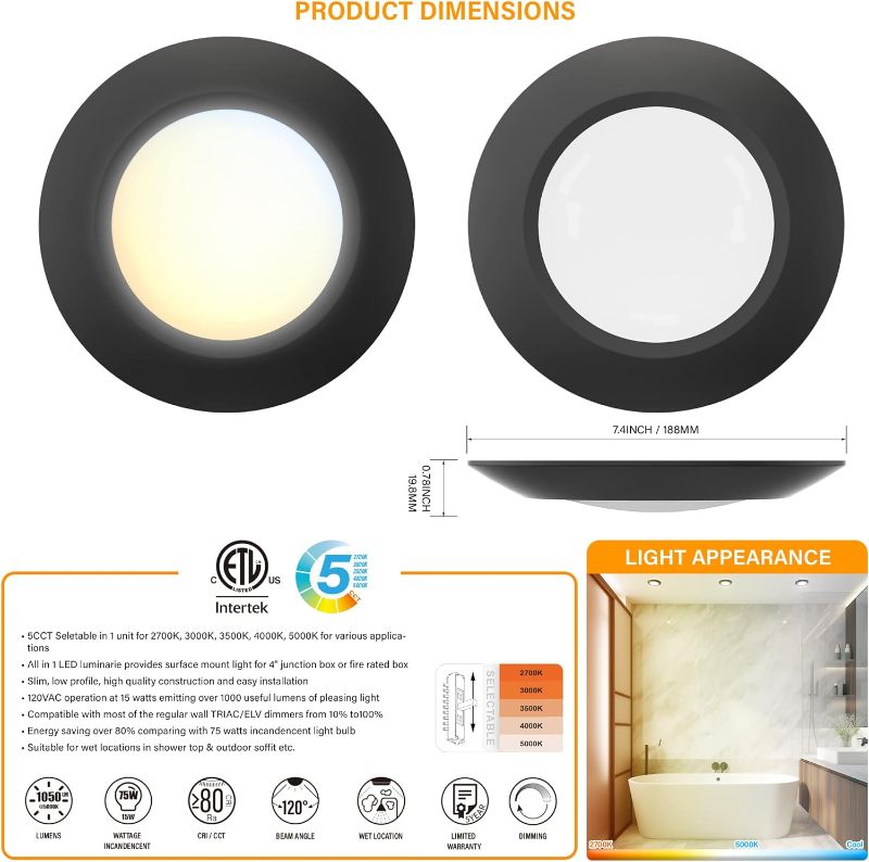 Photo 1 of  6 Inch 5CCT Field Selectable LED Low Profile Recessed & Surface Mount Disk Light, Round, 15W, 920 Lumens, CRI80, 27K-30K-35K-40K-50K, Driverless, Dimmable, ETL & Wet Rated, BLACK 
