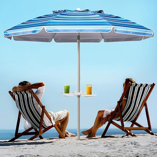 Photo 1 of Aoxun Beach Umbrella, 7ft Beach Umbrella with Tilt Pole, Portable Umbrella with Sand Anchor and Carry Bag, UPF 50+ Sun Shelter with Air Vents Design for Sand and Outdoor Activities (Navy Blue & White)
