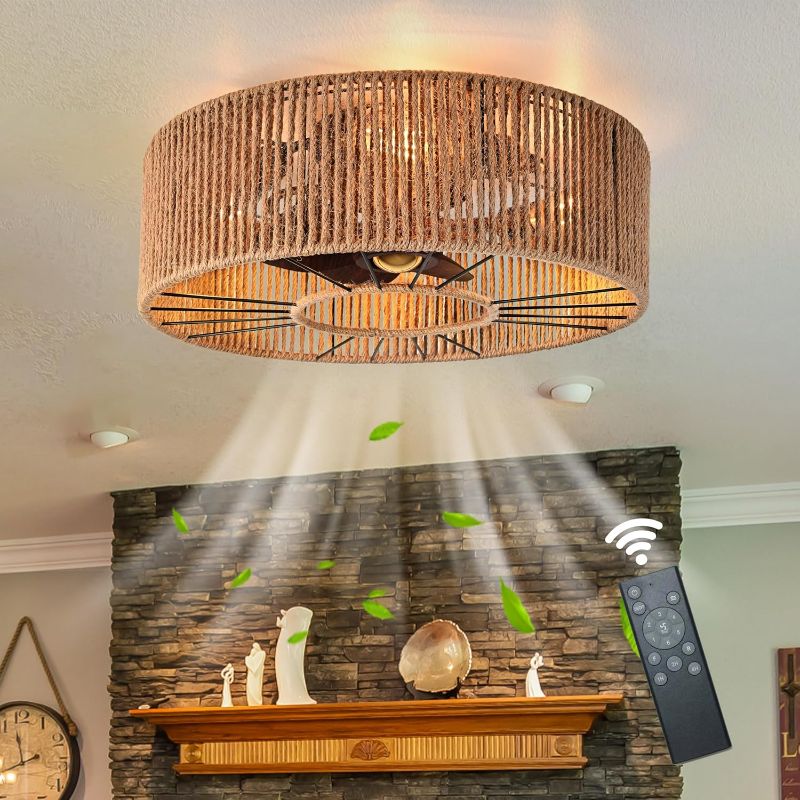 Photo 1 of 20" Boho Ceiling Fan with Lights Rustic Farmhouse Ceiling Fan with Lights Hand Woven Enclosed Low Profile Ceiling Fan with Lights and Remote for Dining Room Kitchen
