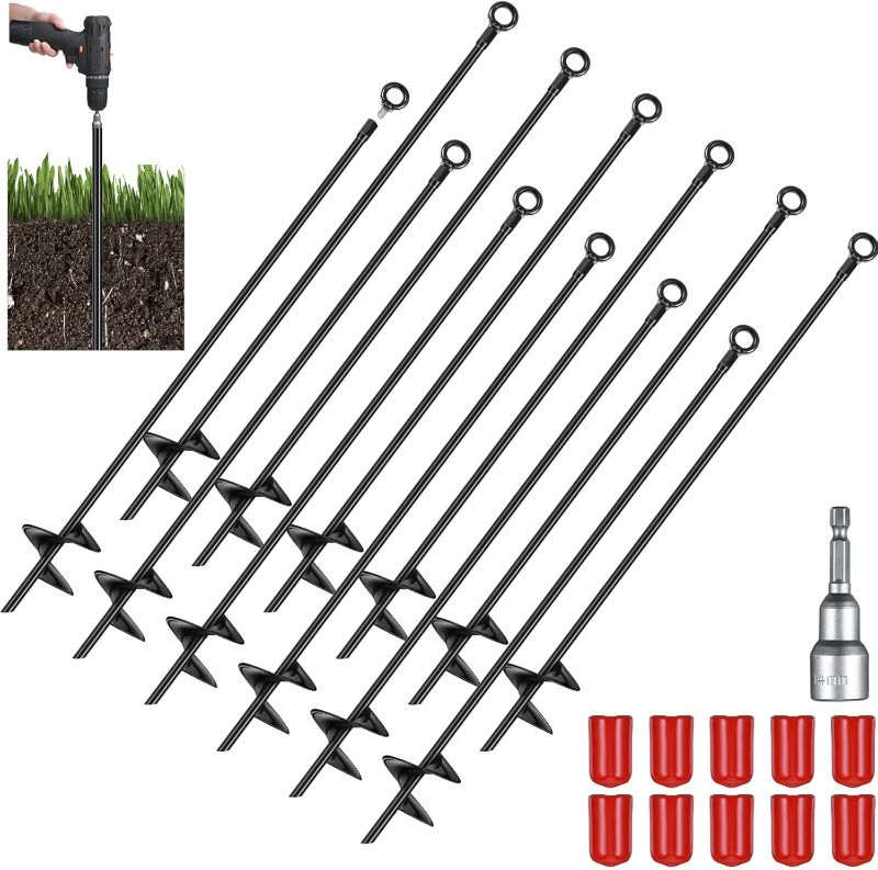 Photo 1 of 12 Pcs 30 Inch Ground Anchor Spiral Blade Heavy Duty Earth Anchor Kit Metal Anchor Hook Swing Set Wind Stakes Ideal for Securing Animals, Shelters, Tents, Canopies, Swing Sets (Black)