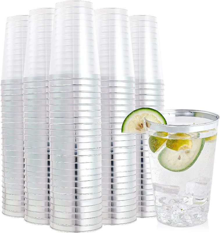 FOCUSLINE 200 Pack 12 oz Silver Rimmed Plastic Cups, Clear Plastic Cups ...