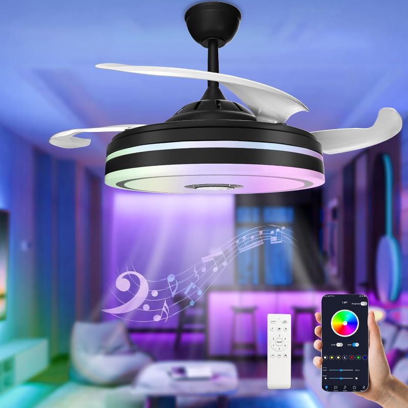 Photo 1 of 42" Retractable Ceiling Fans with Lights and Remote Control, Quiet DC Motor, Reversible Blades, Modern Style Farmhouse Ceiling Fan, for Bedroom, Living Room, Patio, Black
