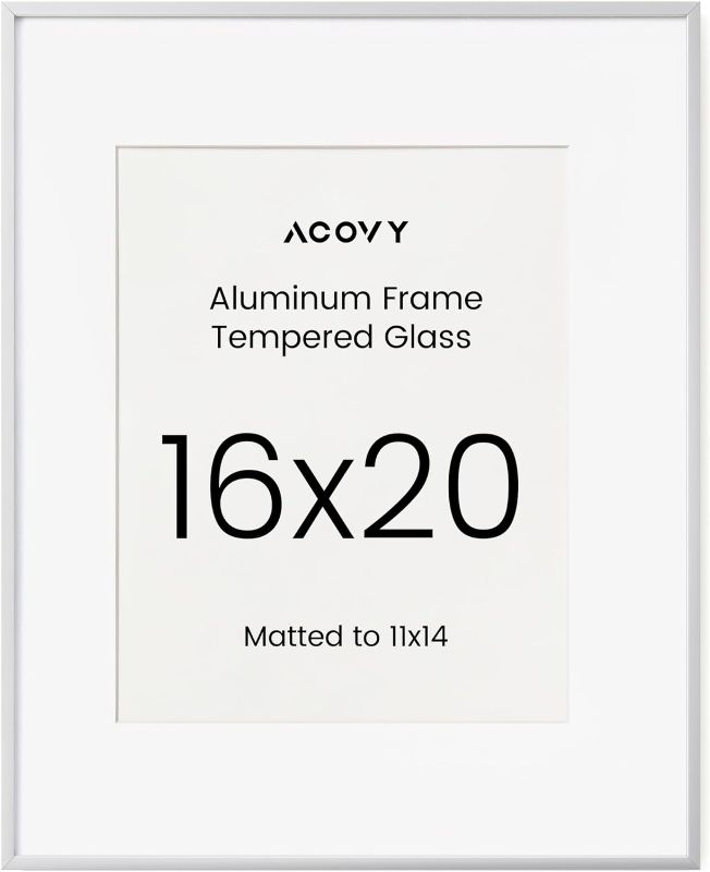 Photo 1 of 16x20 Aluminum Picture Frame with White Color Mat for 11x14, HD Tempered Glass, Metal Poster Frame Photo Frame for Wall Display (Silver, Pack of 1)