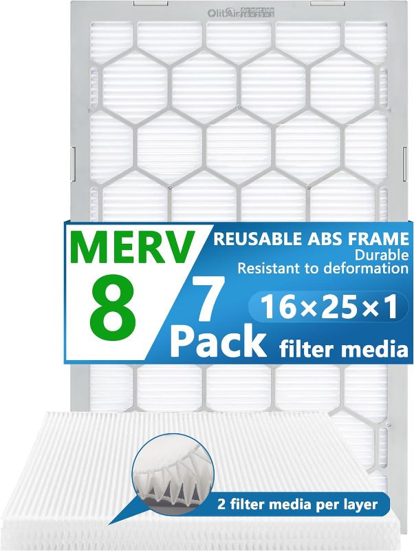 Photo 1 of 16x25x1 MERV 8 Air Filter,AC Furnace Air Filter,Reusable ABS Plastic Frame, 7 Pack Replaceable Filter Media (Actual Size: 15 3/4" x 24 3/4" x 3/4")