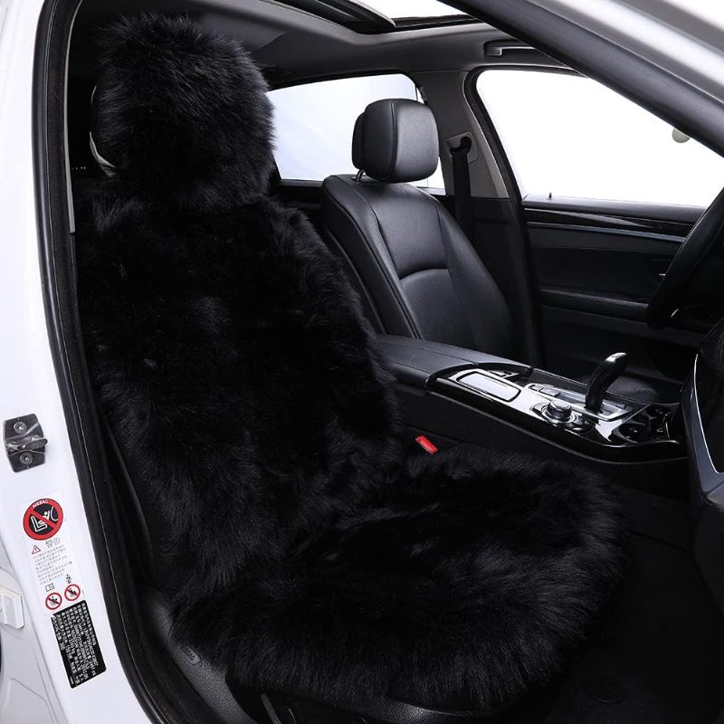 Photo 1 of 1Pc Faux Sheepskin Wool Fur Car Seat Cover for Cars SUV Trucks Universal Fit, Soft Plush Synthetic Wool Buck Fur Car Seat Cushions by FLMaples(Black)