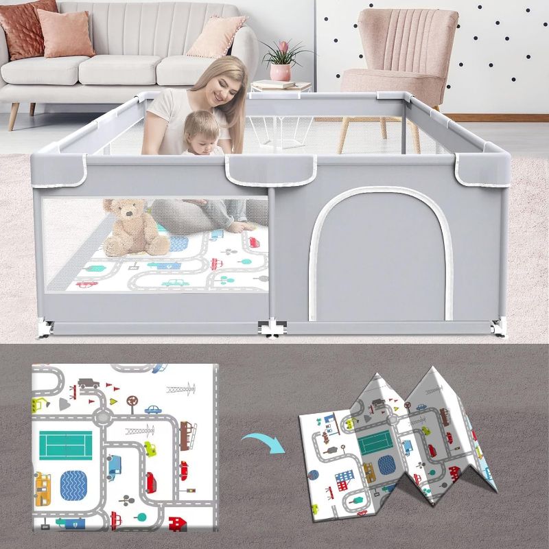 Photo 1 of Baby Playpen with Mat, Baby Playard for Babies and Toddlers, Baby Fence Play Pens for Indoor & Outdoor, Sturdy Safety Play Yard with Soft Breathable Mesh, Anti-Fall, 50 * 50 * 27 inches Grey