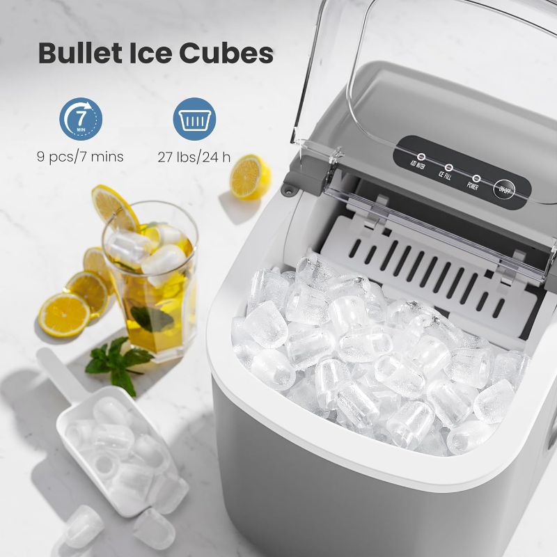 Photo 1 of Portable Countertop Ice Maker Machine with Handle, 9 Bullet-Shaped Ice Cubes Ready in 6 Mins, 26Lbs/24H, Self-Cleaning Function with Ice Scoop and Basket for Home/Kitchen/Party (Grey)