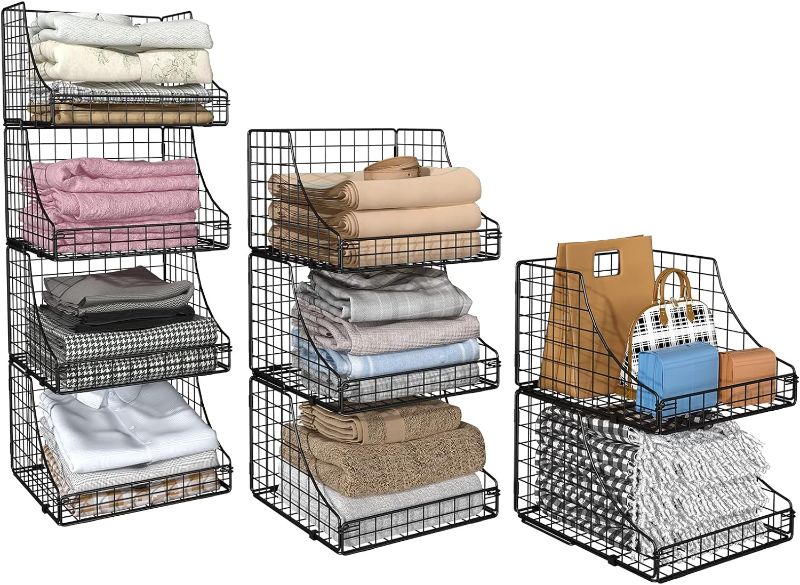 Photo 1 of 4-Pack Stackable Wire Baskets for Closet Organizers and Storage, Open Storage Bins for Clothes, Toys, and Snacks - Rustic Metal Closet Organizers and Storage Shelves in Black