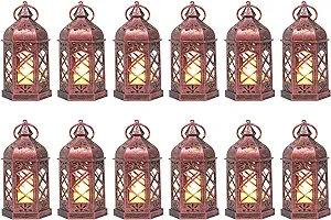 Photo 1 of 12PCS Mini Lantern with Flicker LED Candle, Small Candle Lanterns Decorative, Vintage Hanging Lantern Decorations, Moroccan Lantern for Wedding Halloween Christmas Decor, Table Centerpiece, Rose Gold