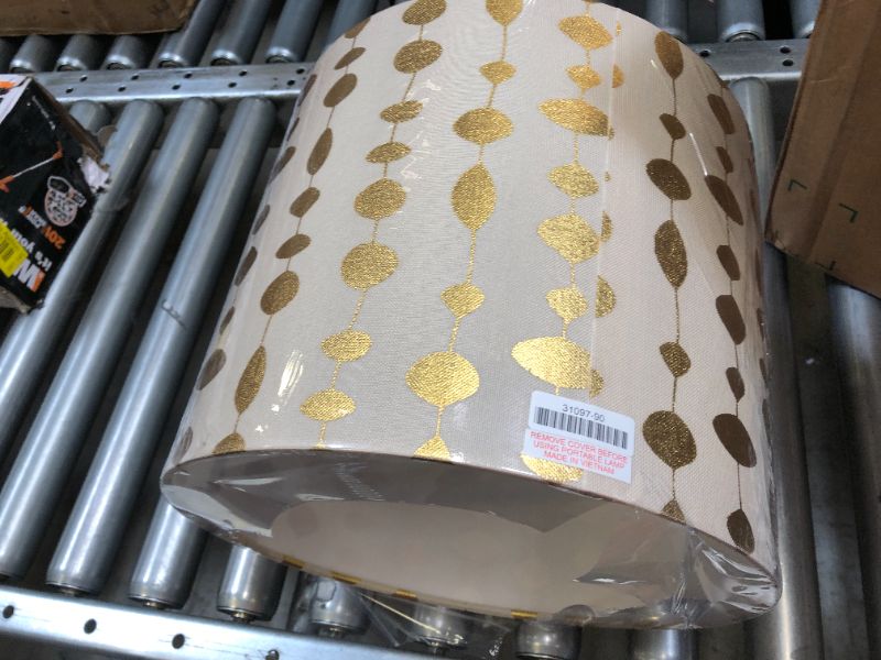 Photo 2 of 12 in. x 10 in. Beige and Gold Print Drum/Cylinder Lamp Shade