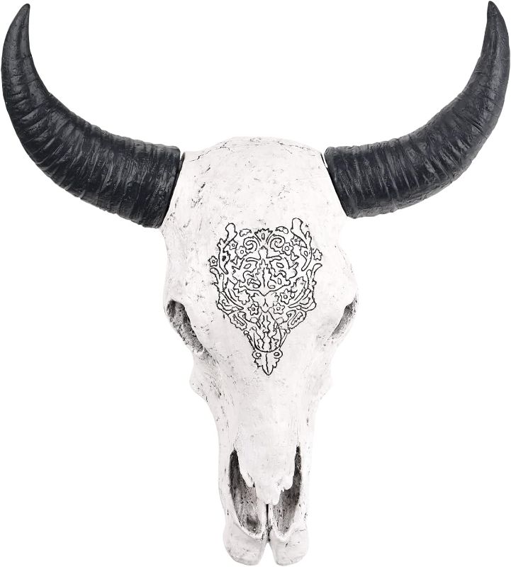 Photo 1 of XINGYAN Resin Bull Head Ox Skull Head Wall Decor Longhorn Skull Sculptures Plaque Art Crafts Ornaments Horns Statue Hanging Art for Home Decoration (Model A)

