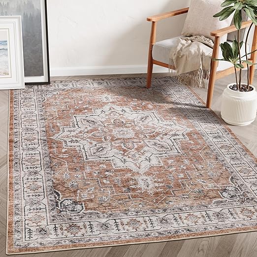 Photo 1 of 9x12 Area Rug,Ultra-Thin Washable Rugs for Living Room,Non-Slip Lightweight Foldable Area Rug,Stain Resistant Vintage Large Rugs (Grey/Beige,9'x12') Grey/Beige 9'x12'