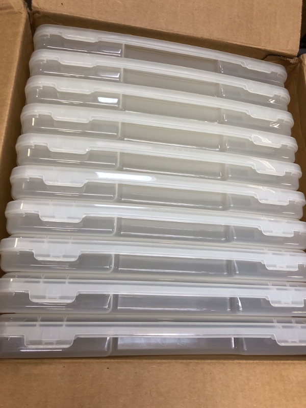 Photo 1 of IRIS USA Portable Board Game Organizer Plastic Project Storage Case Box with Snap-Tight Latch, 10-Pack, Fits 8.5" x 11" Papers, for Games Puzzle Magazine Document Craft Hobby Art Supplies, Slim, Clear Slim - 10 Pack