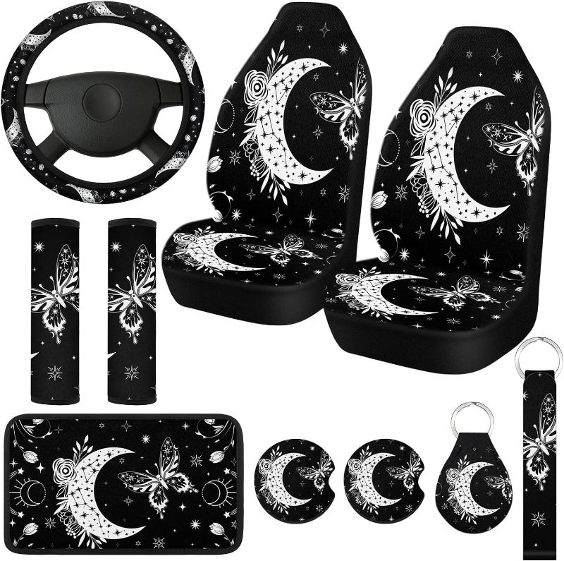 Photo 1 of 10 Pcs Moon Star Car Seat Covers Full Set Car Accessories for Women Front Seat Cover Steering Wheel Armrest Cover Seat Belt Cover Cup Holder for Auto SUV Interior Decoration (Butterfly)
