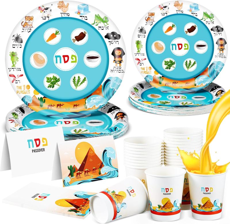 Photo 1 of 120 Pcs Passover Disposable Seder Dinnerware Set Includes Disposable Paper 9" 7" Plates Ten Plagues Design Cups Straw Place Cards for Pesach Party Decorations Supplies, Serves 24 People
