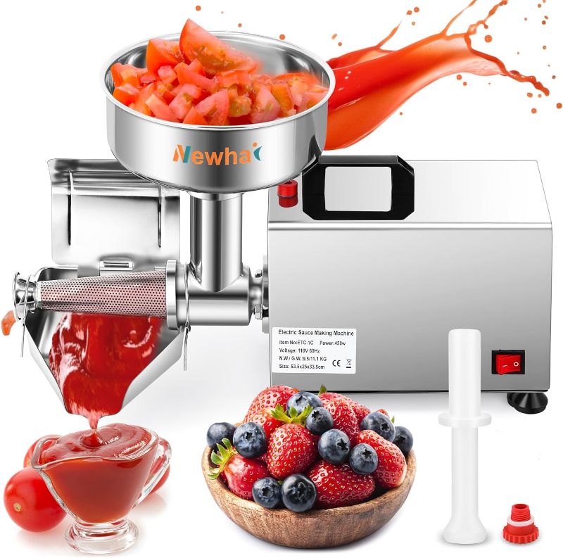 Photo 1 of Newhai 450W Electric Tomato Strainer Commercial Tomato Milling Machine Stainless Steel Food Press Tomato Sauce Maker Food Squeezer Tomato Sauce Machine for Tomato Strawberry and Blueberry Sauce
