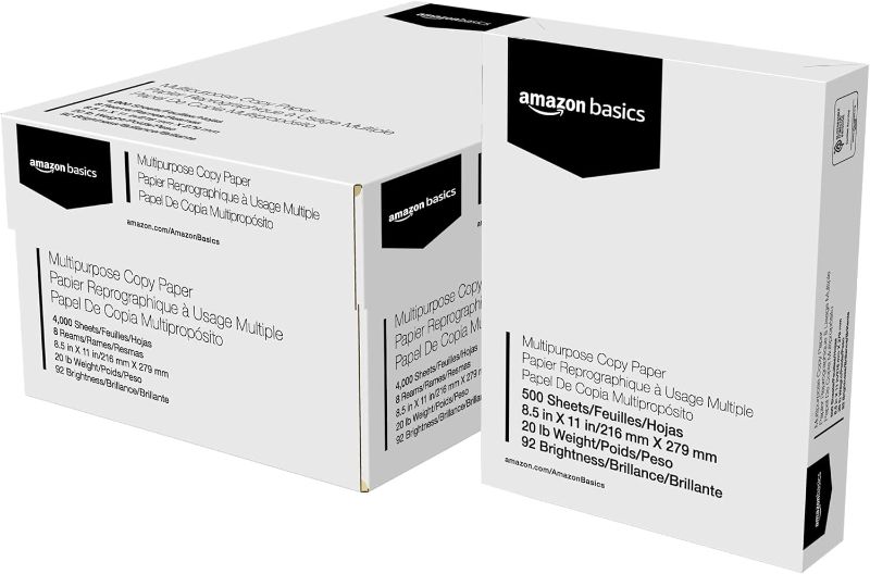 Photo 1 of -FACTORY SEALED- Amazon Basics Multipurpose Copy Printer Paper, 8.5" x 11", 20 lb, 8 Reams, 4000 Sheets, 92 Bright, White
