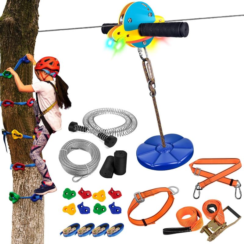 Photo 1 of 125FT Zip Lines for Kids and Adults Outdoor, Zipline Kits for Backyard Up to 330 LBS with UFO Light Up Zipline Trolley and 8 Tree Climbing Holds for Kids Climber,Toys for kids Outdoor
