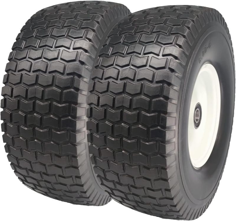 Photo 1 of 15x6.00-6 Flat Free Lawn Mower Tire and Wheel, 2 Pcs 15x6-6nhs Riding Mowers Lawn Tire and Wheel with 3/4" Bearing, 3" Centered Hub