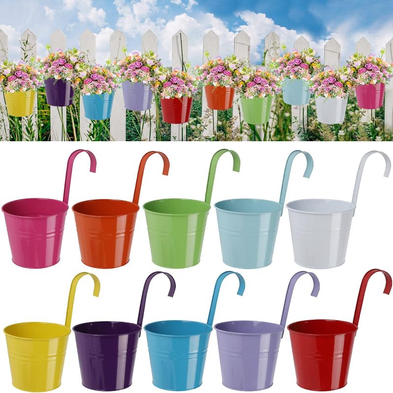 Photo 1 of 10 Pack 6 in Metal Iron Hanging Flower Pots, Balcony Planter with Detachable Hook, Durable Herb Pots Perfect for Fence (6 inches)