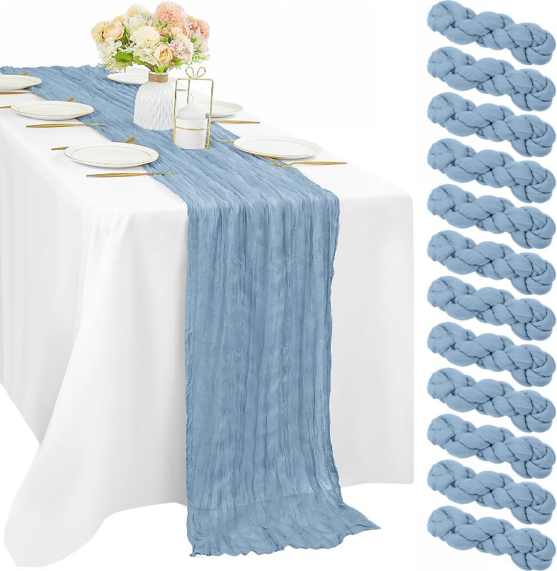 Photo 1 of 12 Pcs Dusty Blue Cheesecloth Table Runner 10FT Runner for Tables 35 x 120 Inches Long Gauze Boho Fabric Table Runner Decoration Rustic Sheer Runner for Wedding Birthday Baby Shower Party (Dusty Blue)