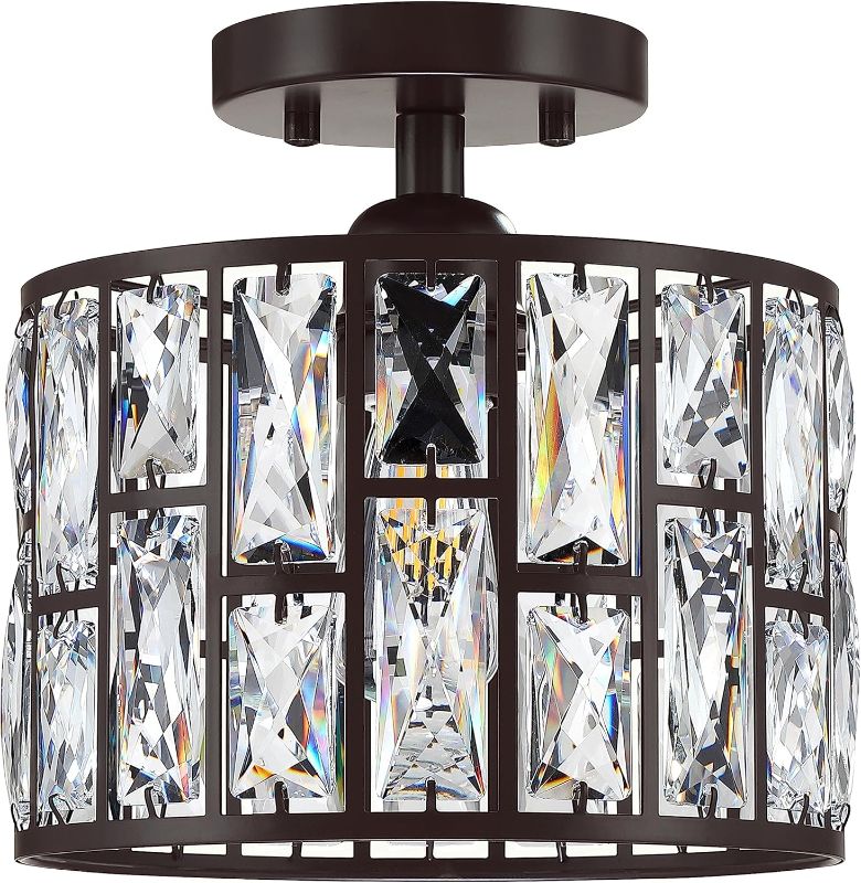 Photo 1 of 1 Light Crystal Kitchen Island Modern Concise 9.3" Semi Flush Mount Ceiling Lighting Oil Rubbed Bronze Fixture Finish,Crystal Plate Metal Shade for Bar,Dining Room,Corridor,Living Room Over Sink
