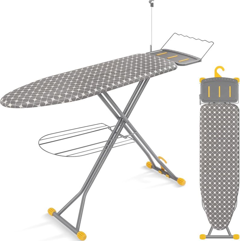 Photo 1 of APEXCHASER Ironing Board, Extra Wide Iron Board with Bottom Storage Tray, Space Saver Ironing Boards with Iron Rest, Cord Holder, 7 Adjustable Height, Extra Thick Cover, 13x43 Yellow
