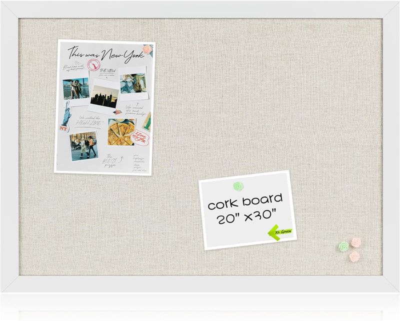 Photo 1 of Board2by White Cork Board Bulletin Board with Linen, Wood Framed 30" x 20" Corkboard, Office Board for Wall Decor, Wall Mounted Pin Board Picture Board with 20 Pushpins for School, Home & Office