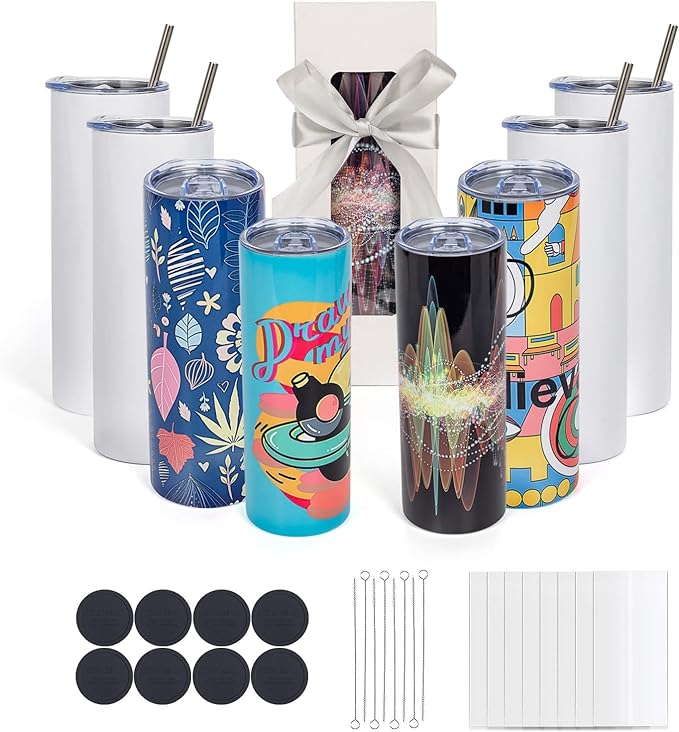 Photo 1 of UIRZOTN 8 Pack 20 OZ Sublimation Tumbler Blanks Skinny Straight in Bulk, Stainless Steel Insulated Sublimation Tumbler with Polymer Coating for Heat Transfer, With Lid, Straw, ribbon, Gift Box
