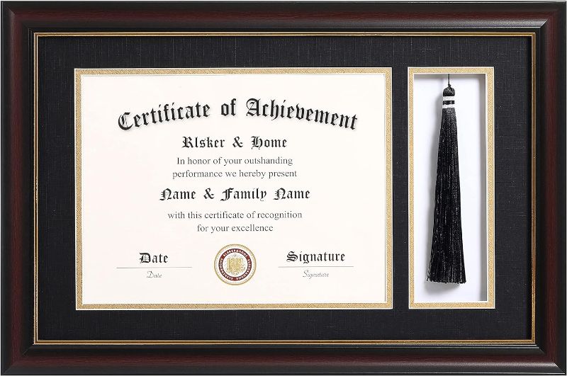 Photo 1 of ELSKER&HOME 11x17 Diploma Frames with Tassel Holder for 8.5x11 Certificate Document Shadow Box, Mahogany Frame, Degree Double Mat, Black with Gold Rim
