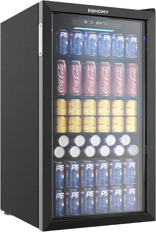 Photo 1 of EUHOMY Beverage Refrigerator and Cooler, 126 Can Mini fridge with Glass Door, Small Refrigerator with Adjustable Shelves for Soda Beer or Wine, Perfect for Home/Bar/Office (Black Steel).
