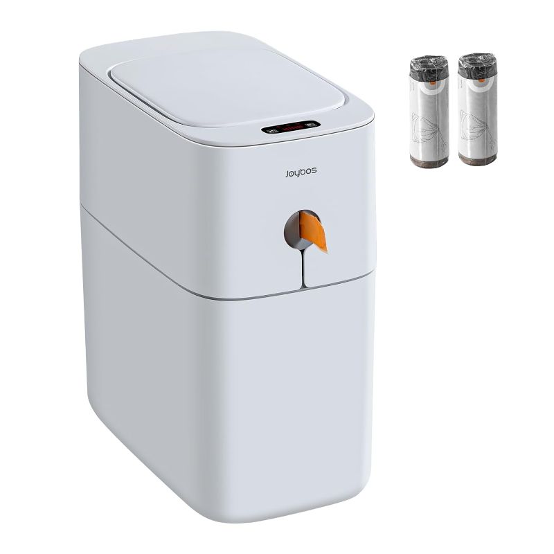 Photo 1 of JOYBOS Bathroom Trash Cans,3.5 Gallon Automatic Small Bathroom Garbage Can, Slim Motion Sensor Plastic Narrow Trash Bin for Bedroom,Office,RV White
