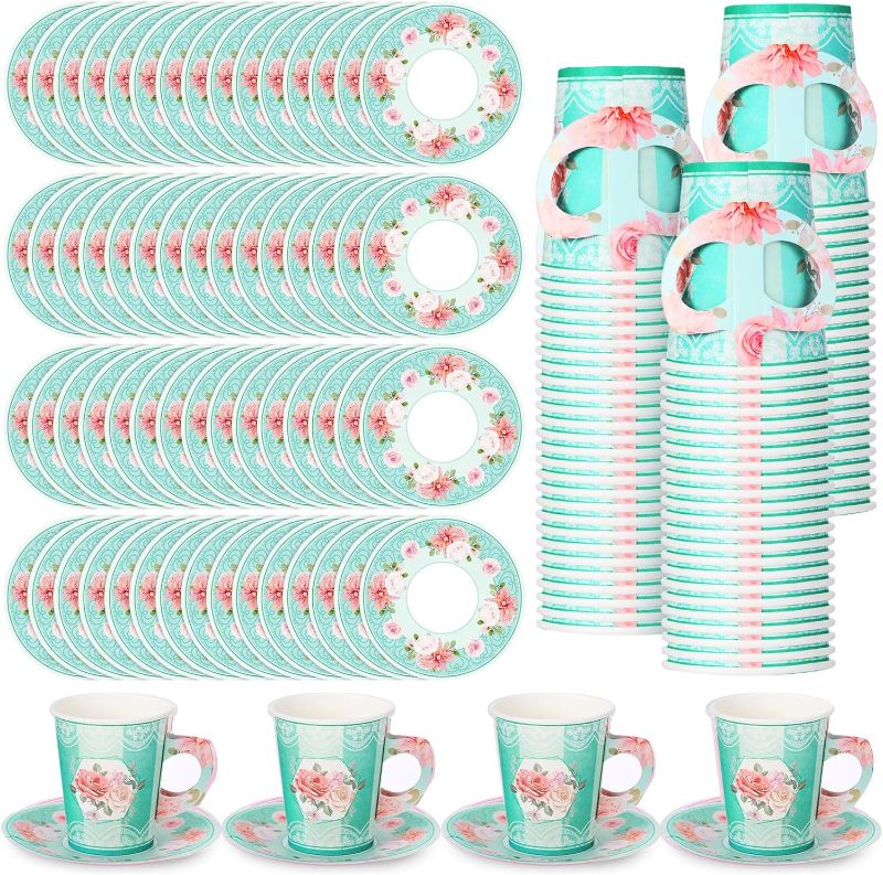 Photo 1 of Zopeal 200 Pcs Tea Party Decorations Disposable Blossom Party Paper Tea Cups and Plates, Floral Paper Tea Cups and Saucers for Cold Drink Mother's Day Wedding Birthday Baby Shower (Macaron Blue)
